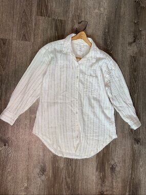 aerie Cotton Button-Down Shirt Raw Edges White Gauze